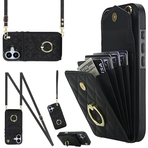 iPhone 17 Rhombic Texture Card Bag Phone Case with Long Lanyard - Black