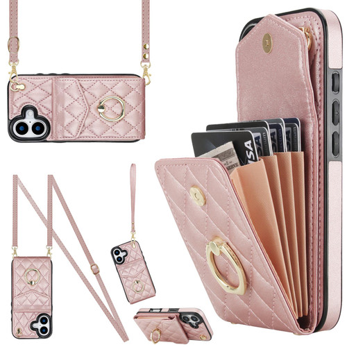 iPhone 17 Rhombic Texture Card Bag Phone Case with Long Lanyard - Rose Gold