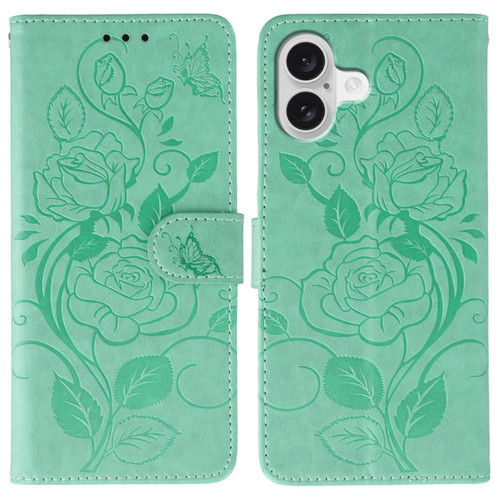 iPhone 17 Rose Butterfly Embossed Leather Phone Case - Green
