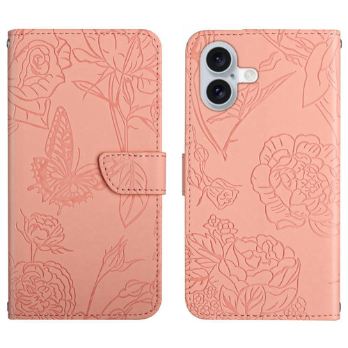 iPhone 17 Skin Feel Butterfly Embossed Flip Leather Phone Case - Pink