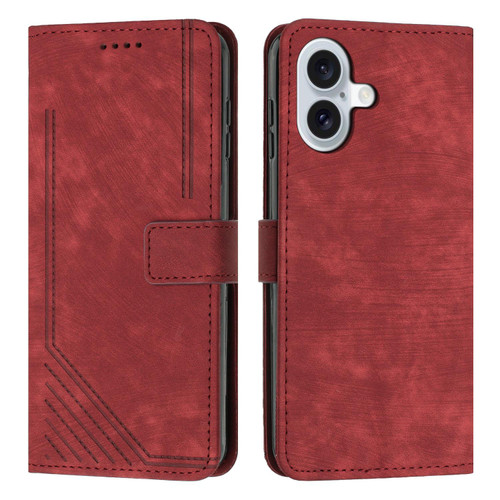 iPhone 17 Skin Feel Stripe Pattern Leather Phone Case with Lanyard - Red