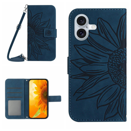 iPhone 17 Skin Feel Sun Flower Embossed Flip Leather Phone Case with Lanyard - Inky Blue