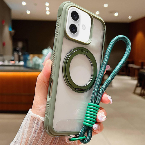 iPhone 17 Solid Color Edge Transparency Rotation Holder MagSafe Phone Case with Wrist Strap - Army Green