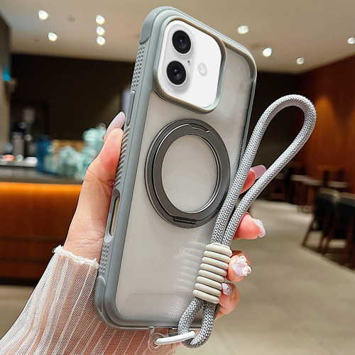 iPhone 17 Solid Color Edge Transparency Rotation Holder MagSafe Phone Case with Wrist Strap - Grey iPhone 17 Solid Color Edge Transparency Rotation Holder MagSafe Phone Case with Wrist Strap - Grey