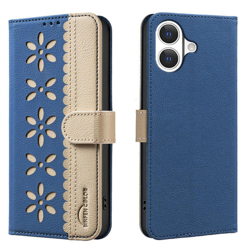 iPhone 17 Splicing Color Hollow Flower Pattern RFID Leather Phone Case - Dark Blue