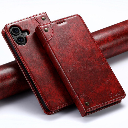 iPhone 17 Suteni Baroque Calf Texture Buckle Wallet Leather Phone Case - Red