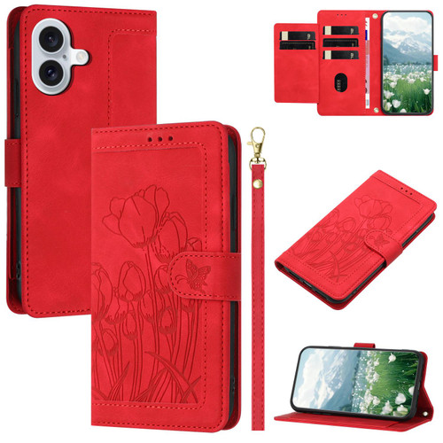iPhone 17 Tulips Embossed Leather Phone Case with Lanyard - Red