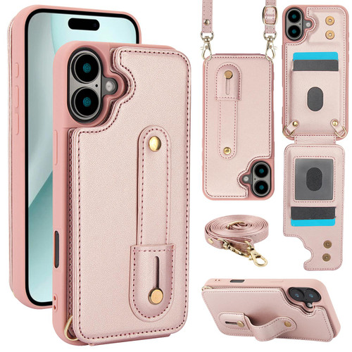 iPhone 17 Wristband Vertical Flip Wallet Back Cover Phone Case with Long Lanyard - Rose Gold