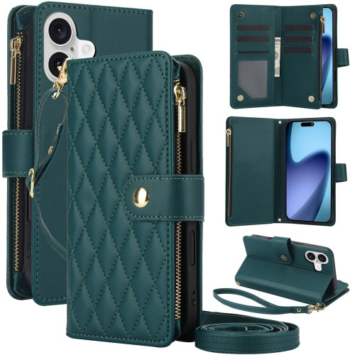 iPhone 17 YM016 Rhombic Zipper Card Wallet Leather Phone Case with Lanyard - Green
