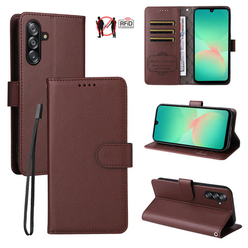 Samsung Galaxy A16 5G / A26 5G Litchi Texture RFID Blocking 3-Card Wallet Leather Phone Case - Brown