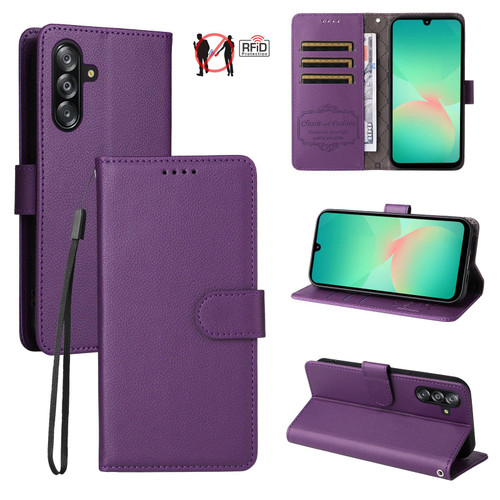 Samsung Galaxy A16 5G / A26 5G Litchi Texture RFID Blocking 3-Card Wallet Leather Phone Case - Purple
