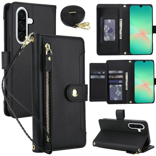 Samsung Galaxy A16 5G / A26 5G Seven Card Slots Zipper Wallet Leather Phone Case with Lanyard - Black