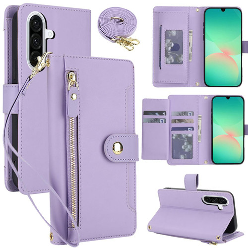Samsung Galaxy A16 5G / A26 5G Seven Card Slots Zipper Wallet Leather Phone Case with Lanyard - Light Purple