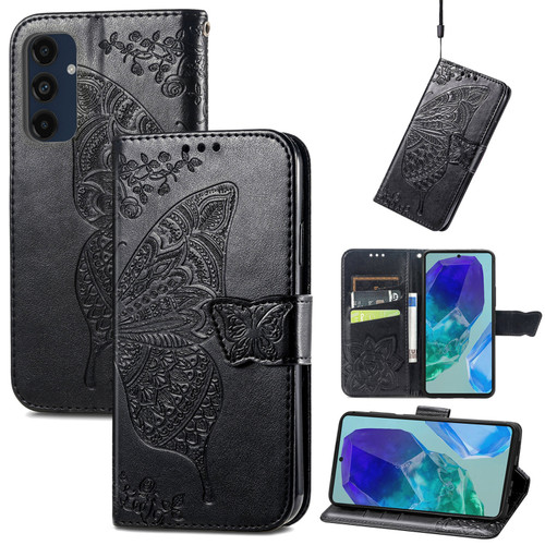 Samsung Galaxy A16 5G Butterfly Love Flower Embossed Leather Phone Case - Black