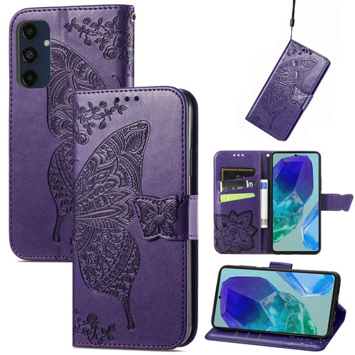 Samsung Galaxy A16 5G Butterfly Love Flower Embossed Leather Phone Case - Dark Purple