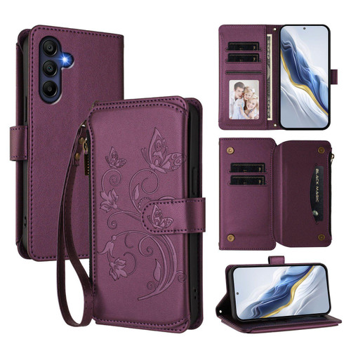 Samsung Galaxy A16 5G Butterfly Love Flower Multi-card Zipper Wallet Leather Phone Case - Dark Purple