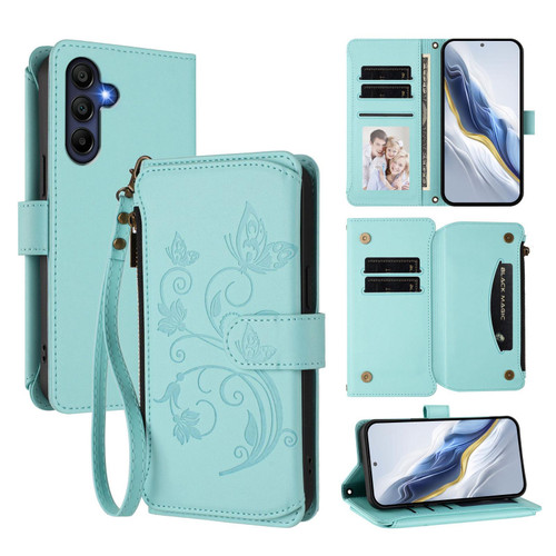 Samsung Galaxy A16 5G Butterfly Love Flower Multi-card Zipper Wallet Leather Phone Case - Mint Green
