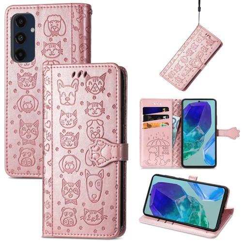 Samsung Galaxy A16 5G Cat and Dog Embossed Leather Phone Case - Rose Gold