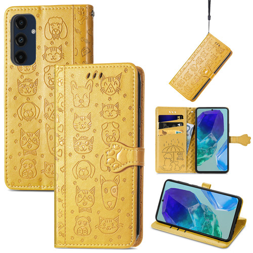 Samsung Galaxy A16 5G Cat and Dog Embossed Leather Phone Case - Yellow