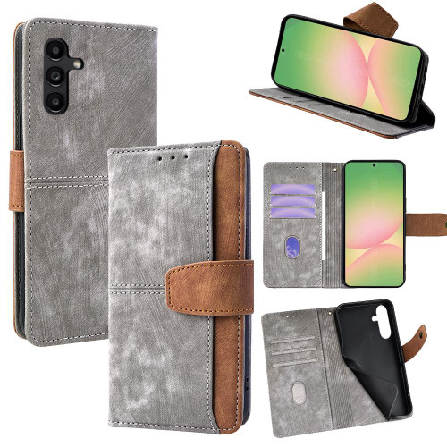 Samsung Galaxy A16 5G Color Stitching Skin Feel Leather RFID Blocking Phone Case - Grey