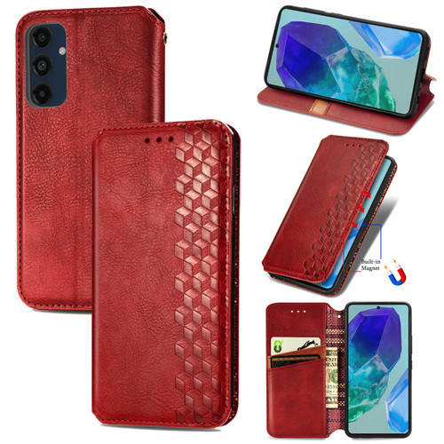 Samsung Galaxy A16 5G Cubic Grid Pressed Magnetic Leather Phone Case - Red