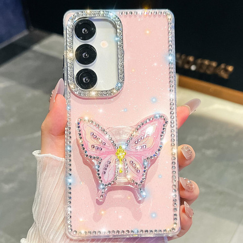 Samsung Galaxy A16 5G Diamond Glitter Butterfly Holder Phone Case - Light Pink