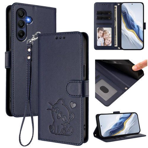 Samsung Galaxy A16 5G Embossed Heart Cat Leather Phone Case with Hand Strap - Blue