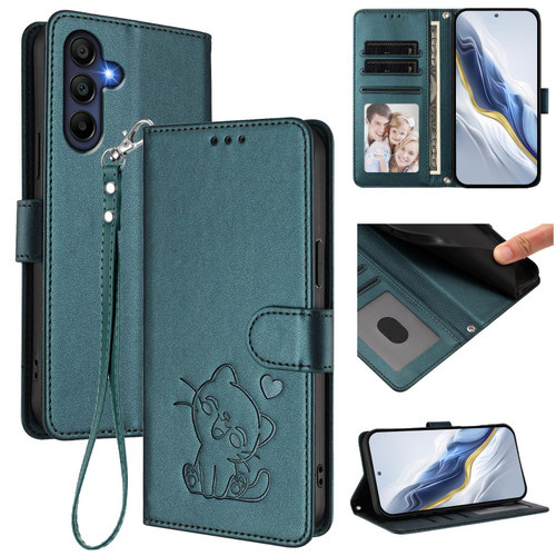 Samsung Galaxy A16 5G Embossed Heart Cat Leather Phone Case with Hand Strap - Dark Green