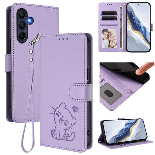 Samsung Galaxy A16 5G Embossed Heart Cat Leather Phone Case with Hand Strap - Light Purple