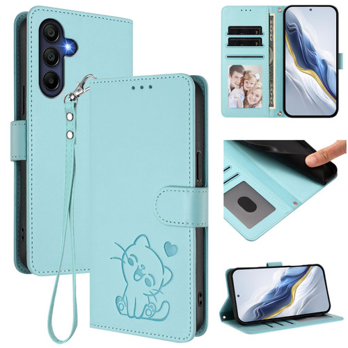 Samsung Galaxy A16 5G Embossed Heart Cat Leather Phone Case with Hand Strap - Mint Green