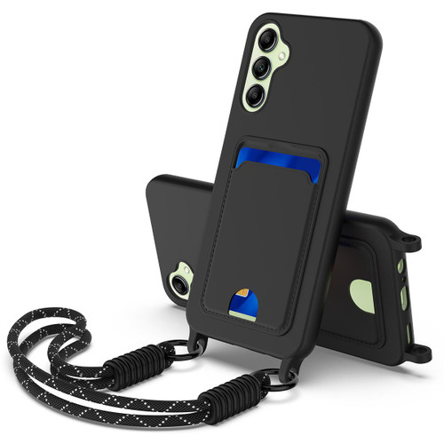 Samsung Galaxy A16 5G Integrated Card Bag Solid Color Liquid Silicone Phone Case Gen2 with Short Lanyard - Black