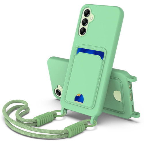 Samsung Galaxy A16 5G Integrated Card Bag Solid Color Liquid Silicone Phone Case Gen2 with Short Lanyard - Green
