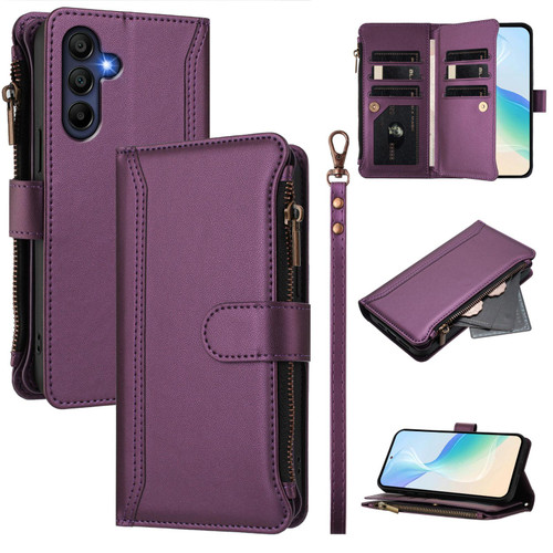 Samsung Galaxy A16 5G Magnetic Closure 9 Card Slots Zipper Leather Case with Hand Strap - Purple