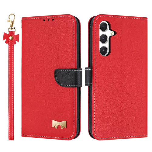 Samsung Galaxy A16 5G Metal Bow Leather Phone Case with Hand Strap - Red