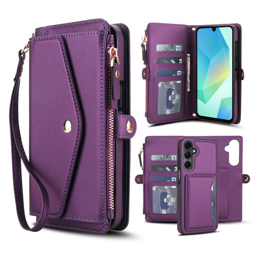 Samsung Galaxy A16 5G Multifunctional Wallet Detachable Leather Phone Case with Lanyard - Dark Purple