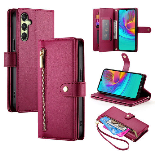 Samsung Galaxy A16 5G Nine Card-slot Zipper Wallet Bag Leather Phone Case - Red