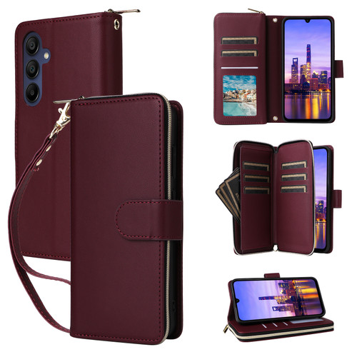 Samsung Galaxy A16 5G Nine-card Slots Zipper Wallet Bag Leather Phone Case - Wine Red