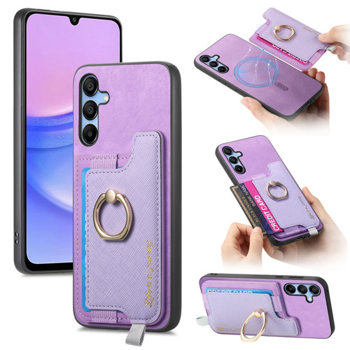 Samsung Galaxy A16 5G Retro Cross Leather Ring Horizontal Insert Card Bag MagSafe Phone Case - Purple