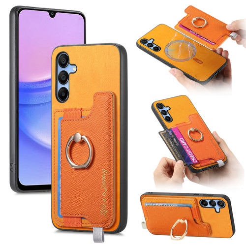 Samsung Galaxy A16 5G Retro Cross Leather Ring Horizontal Insert Card Bag MagSafe Phone Case - Yellow