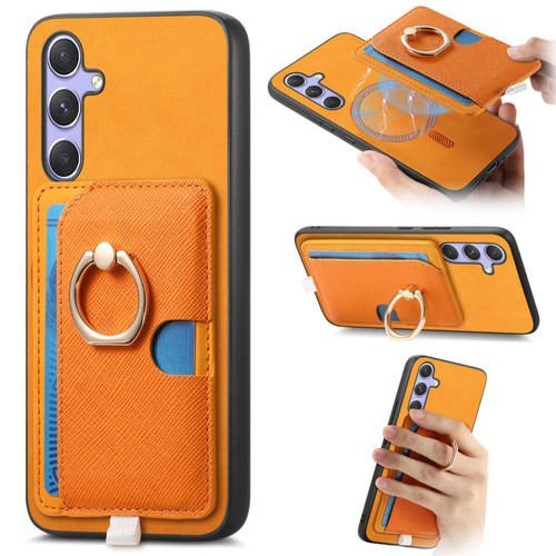 Samsung Galaxy A16 5G Retro Cross Leather Ring Side Insert Card Bag MagSafe Phone Case - Yellow