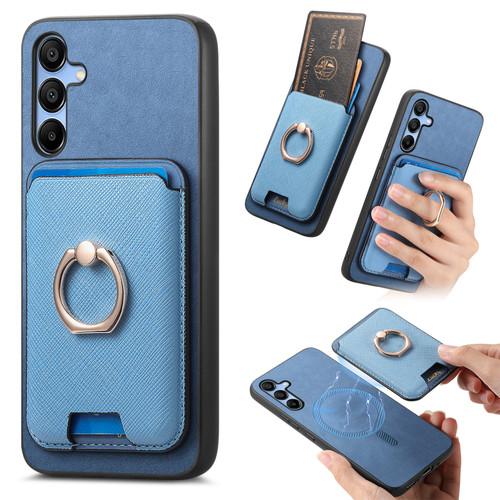 Samsung Galaxy A16 5G Retro Cross Leather Ring Vertical Insert Card Bag MagSafe Phone Case - Blue