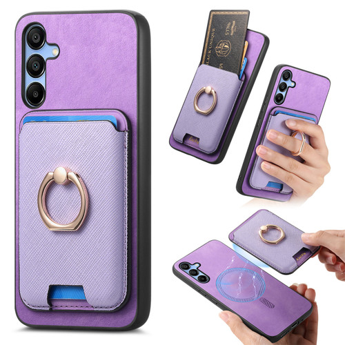 Samsung Galaxy A16 5G Retro Cross Leather Ring Vertical Insert Card Bag MagSafe Phone Case - Purple