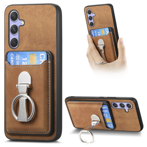 Samsung Galaxy A16 5G Retro Folding Ring Holder Card Bag MagSafe Phone Case - Brown