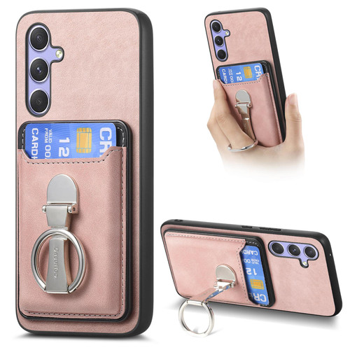 Samsung Galaxy A16 5G Retro Folding Ring Holder Card Bag MagSafe Phone Case - Pink