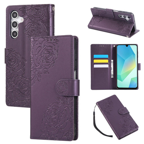 Samsung Galaxy A16 5G Rose Flower Embossed 3-Card Slots Leather Phone Case - Deep Purple