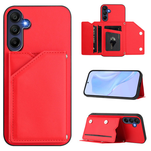 Samsung Galaxy A16 5G Skin Feel Four Card Slots Phone Case with Wrist Strap - Red