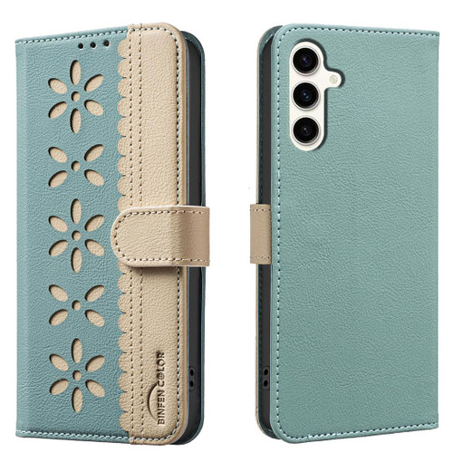 Samsung Galaxy A16 5G Splicing Color Hollow Flower Pattern RFID Leather Phone Case - Green