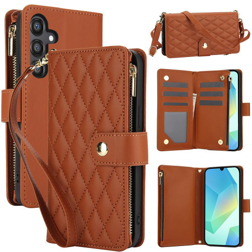 Samsung Galaxy A16 5G YM016 Rhombic Zipper Card Wallet Leather Phone Case with Lanyard - Brown
