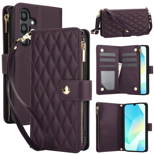 Samsung Galaxy A16 5G YM016 Rhombic Zipper Card Wallet Leather Phone Case with Lanyard - Dark Purple
