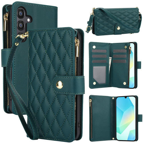 Samsung Galaxy A16 5G YM016 Rhombic Zipper Card Wallet Leather Phone Case with Lanyard - Green